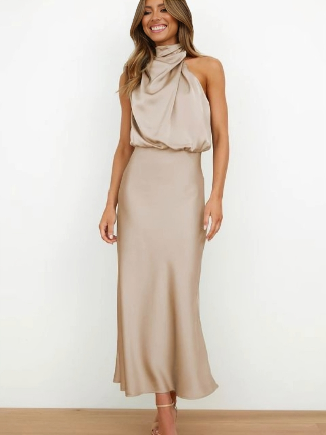 Tessina | Draped Halter Neck Satin Midi Dress