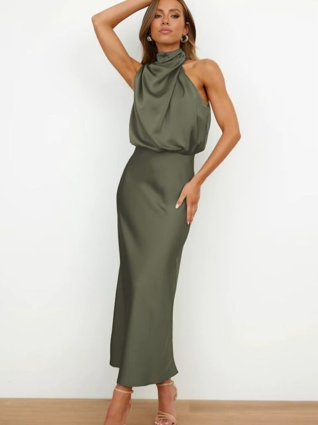 Tessina | Draped Halter Neck Satin Midi Dress