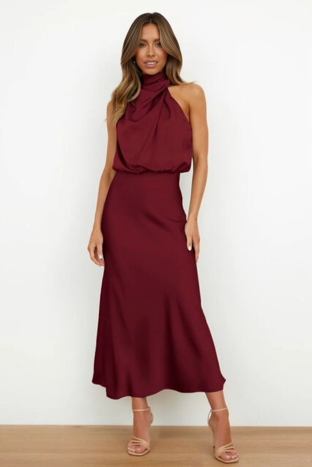 Tessina | Draped Halter Neck Satin Midi Dress