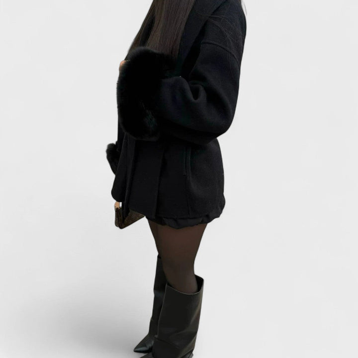 Pam | Belted Wool Coat with Faux Fur Cuffs