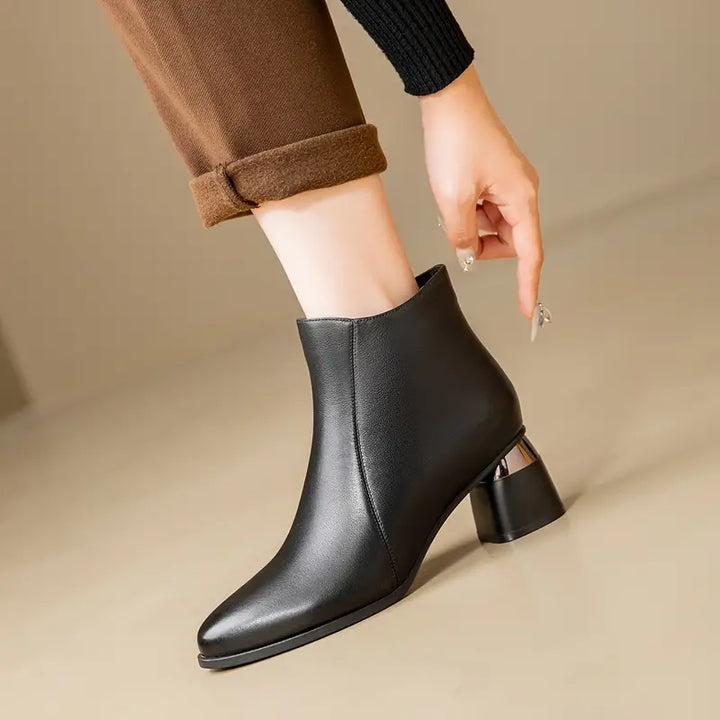 Dafne | Pointed Toe Block Heel Ankle Boots with Side Zip