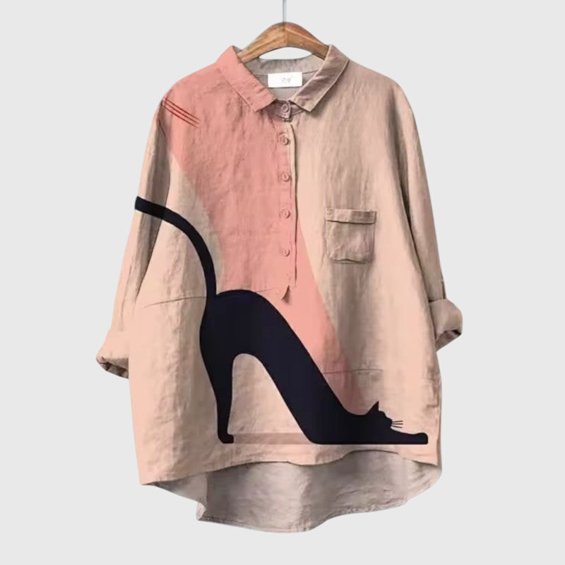 Rachelle | Cat Print Button-Up Blouse with Collar
