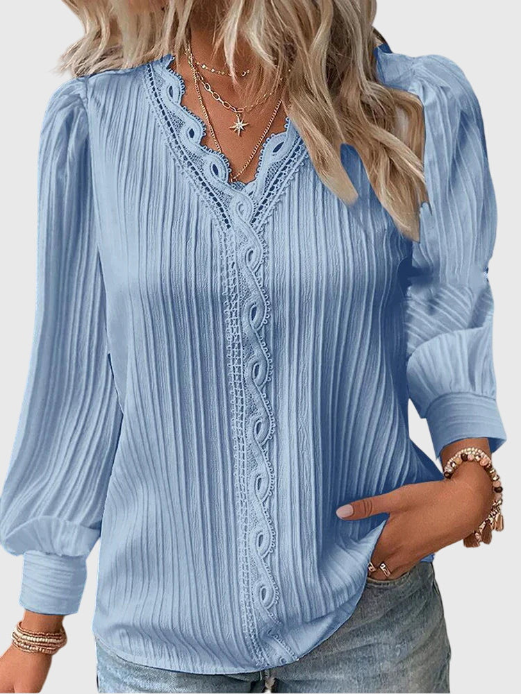 Vanya | Lace Trim V-Neck Blouse with Long Sleeves