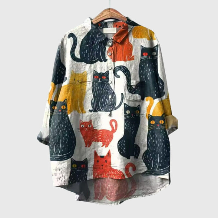 Rachelle | Cat Print Button-Up Blouse with Collar