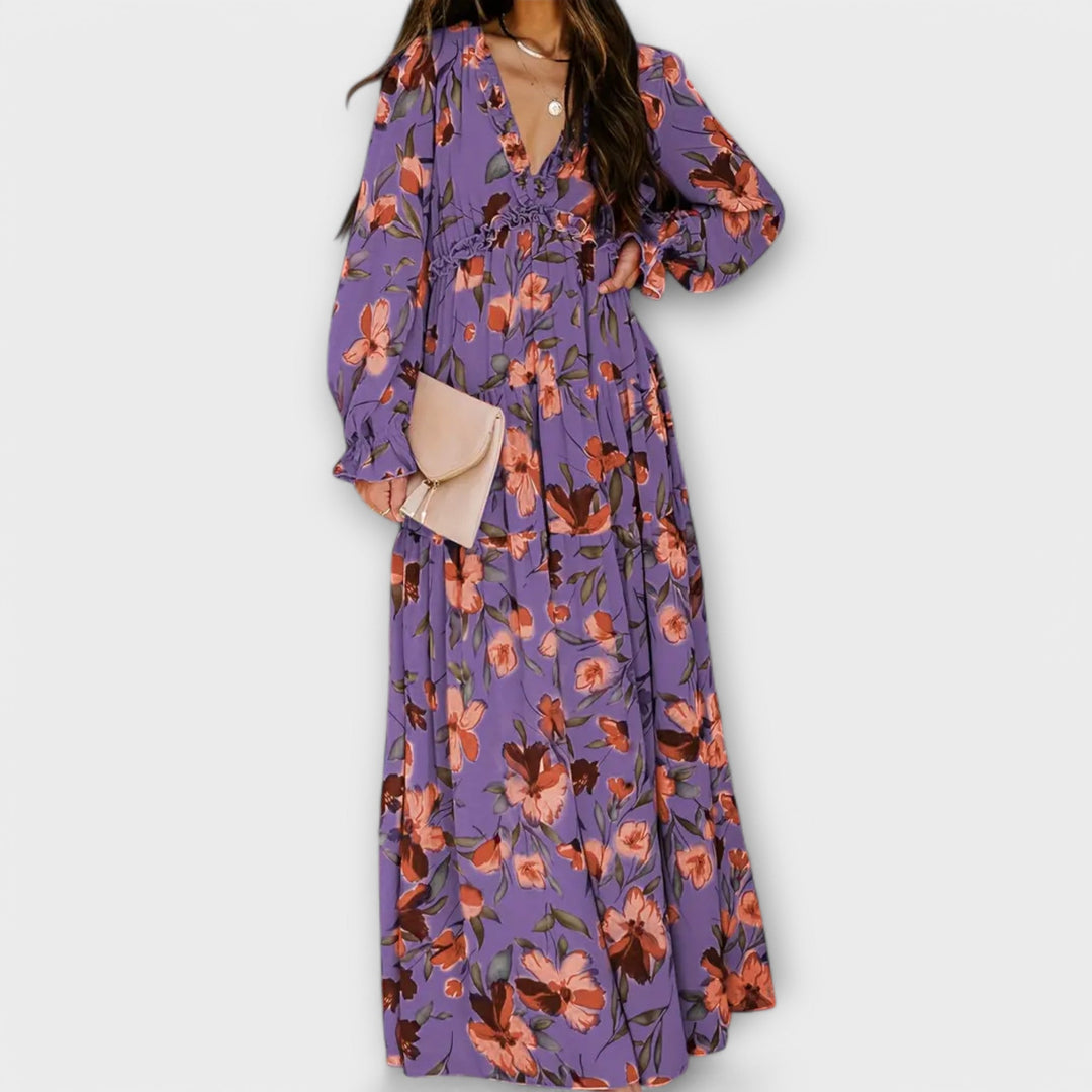 Rosemary | Floral V-Neck Maxi Dress Long Sleeve