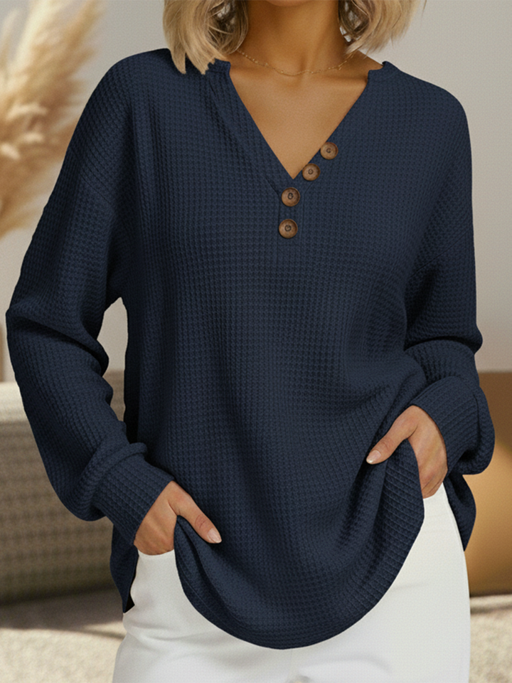 Estefania | Waffle Knit V-Neck Henley Sweater