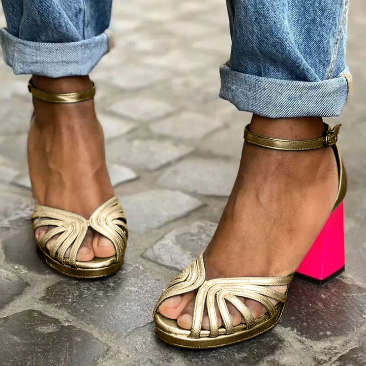 Anne | Gold Strappy Block Heel Sandals with Ankle Strap