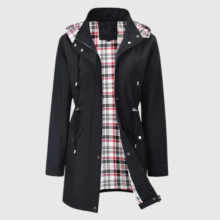Cherise | Hooded Drawstring Rain Jacket with Plaid Lining