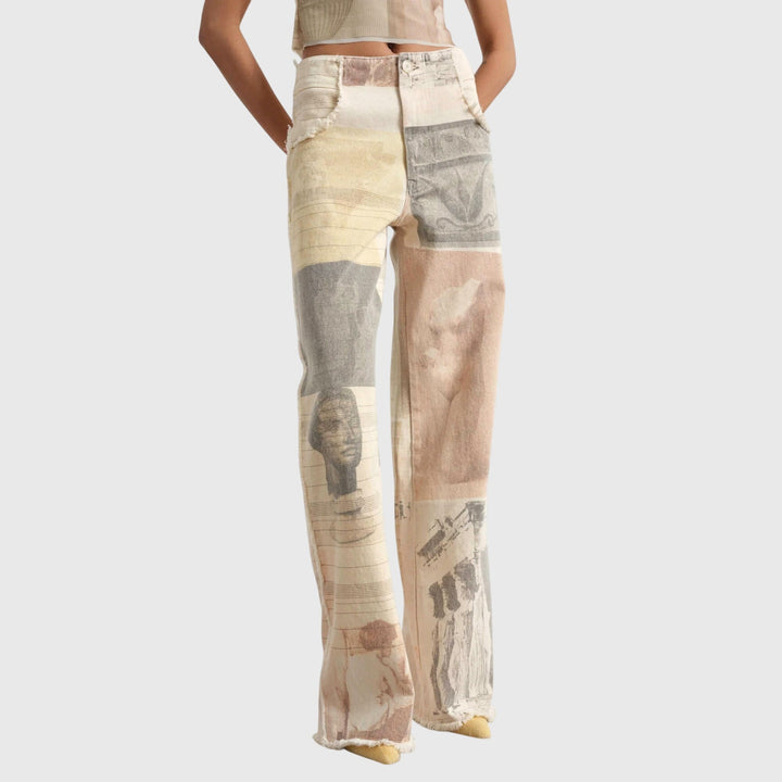 Dusty | Beige Statue Print Wide Leg Jeans