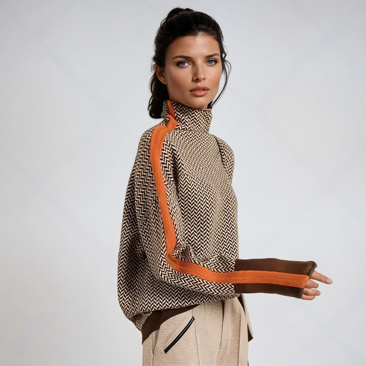 Solange | Herringbone Turtleneck Sweater with Side Stripe