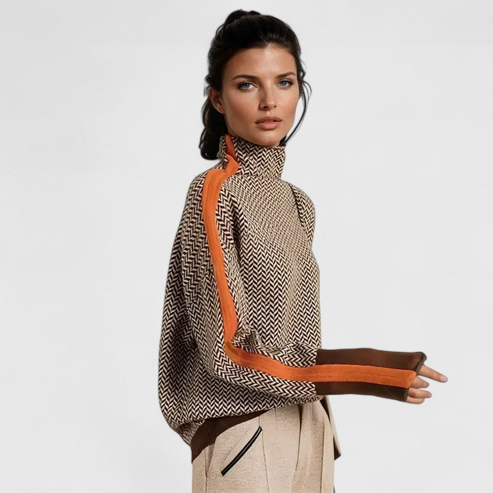 Thandie | Herringbone Mock Neck Sweater with Scarf