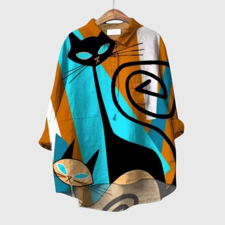 Rachelle | Cat Print Button-Up Blouse with Collar