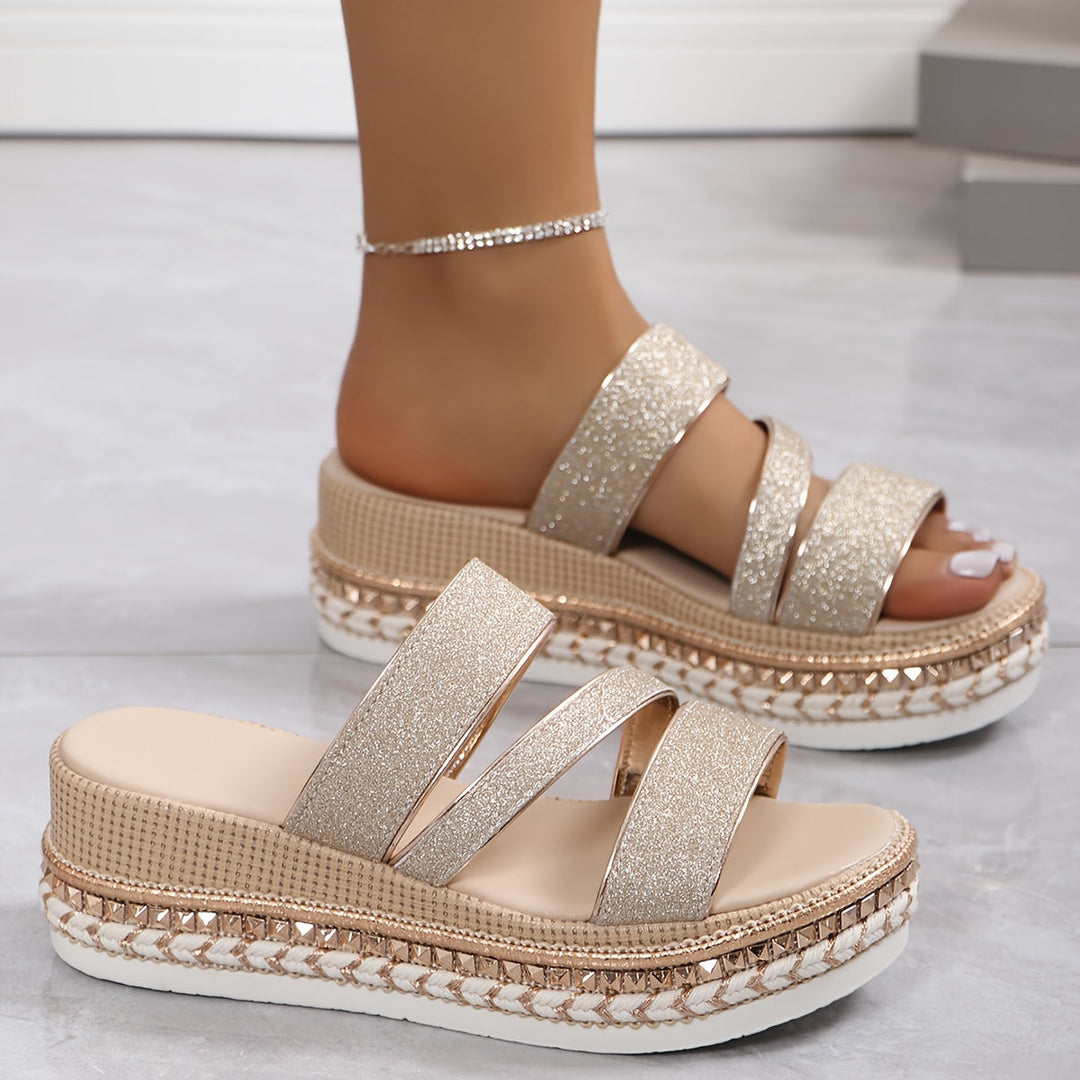 Cyra | Gold Glitter Platform Sandals with Straps