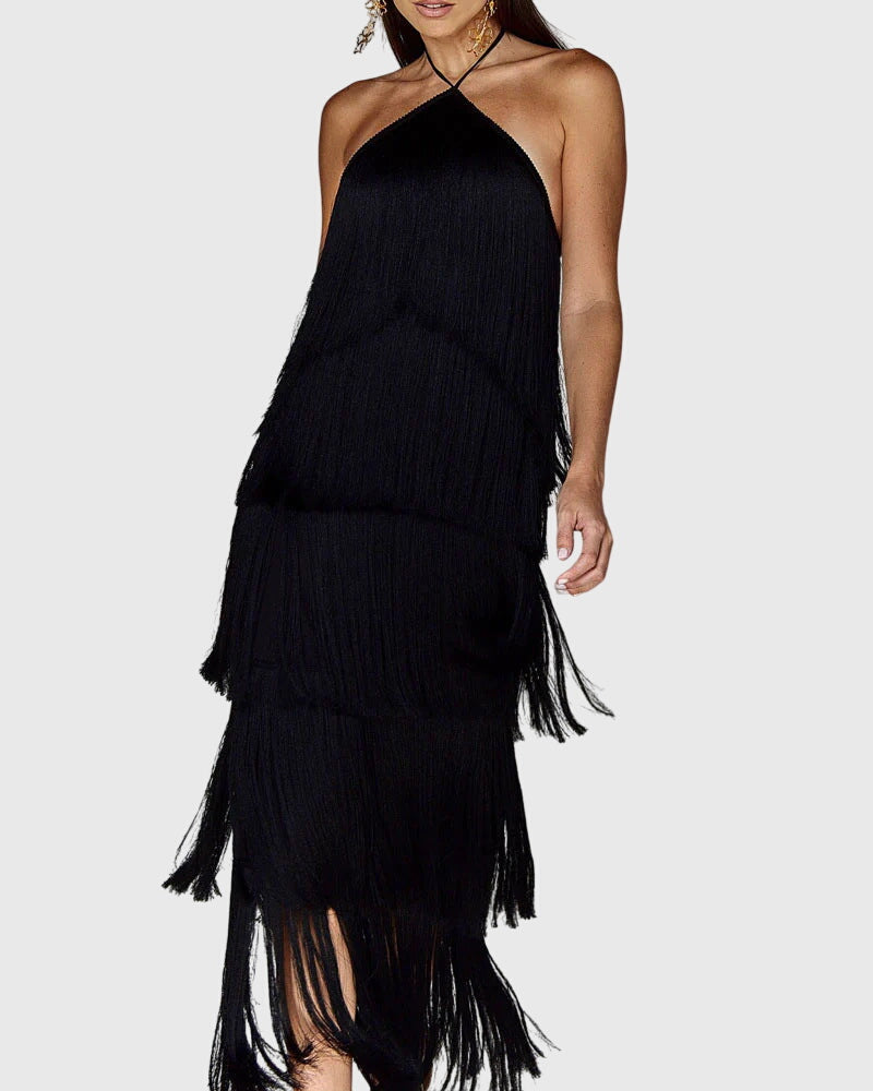 Cleantha | Halter Fringe Dress with Tiered Tassels