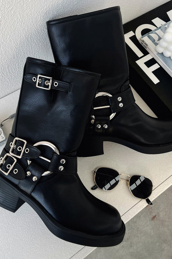 Marcia | Black Buckle Harness Boots with Block Heel