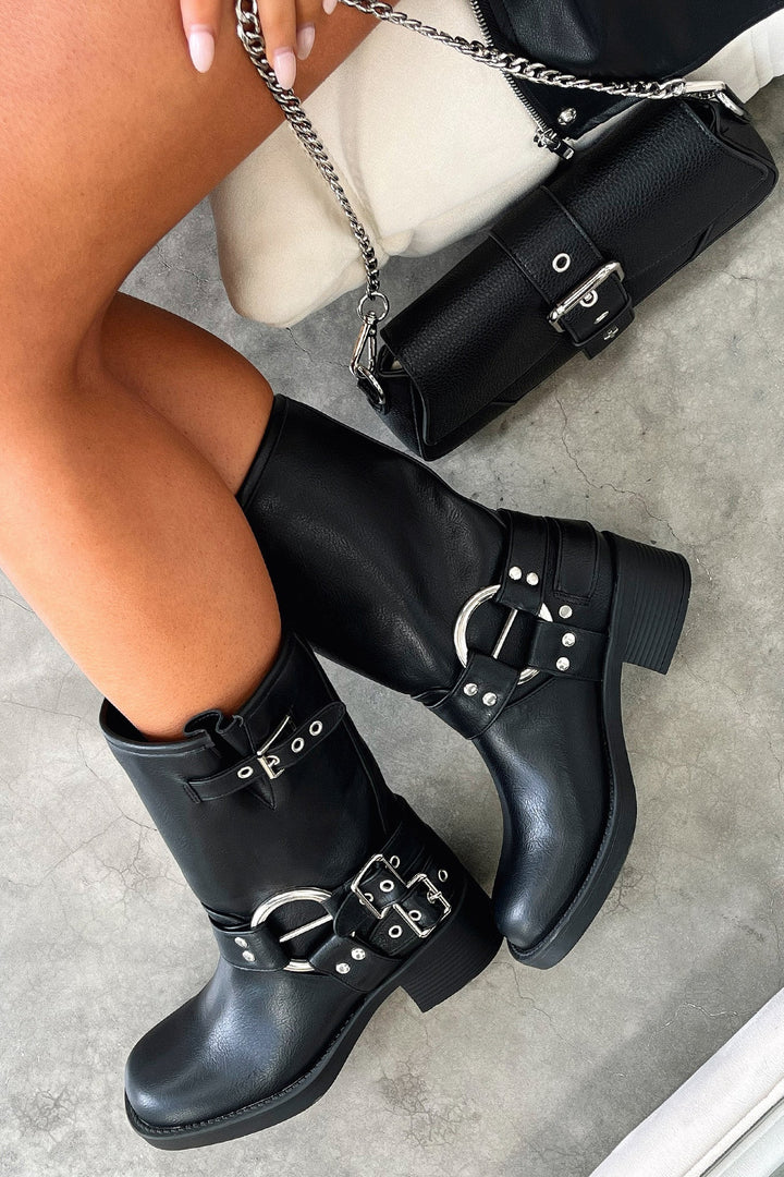 Marcia | Black Buckle Harness Boots with Block Heel