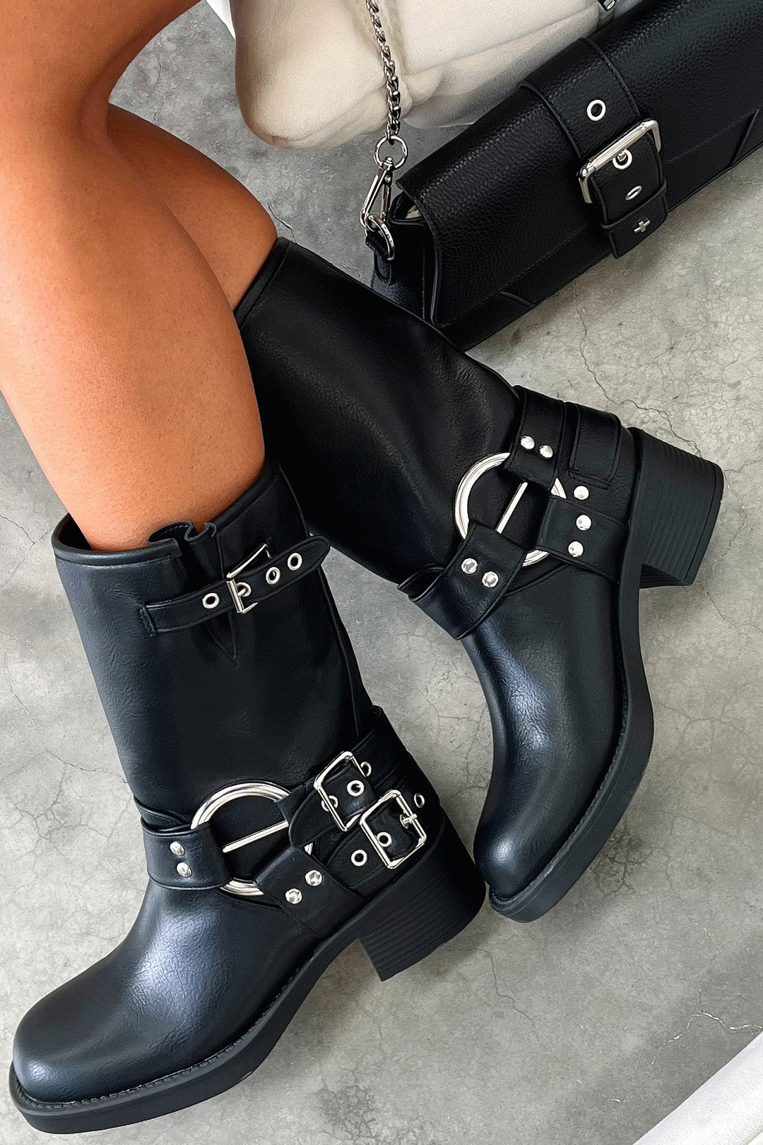 Marcia | Black Buckle Harness Boots with Block Heel