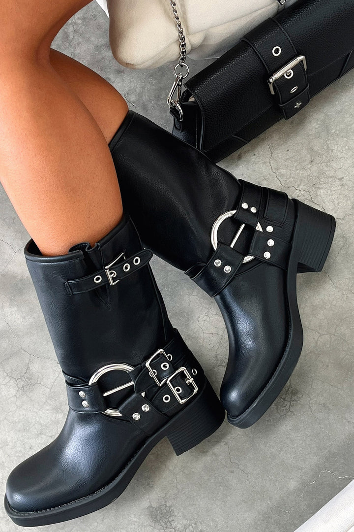 Marcia | Black Buckle Harness Boots with Block Heel