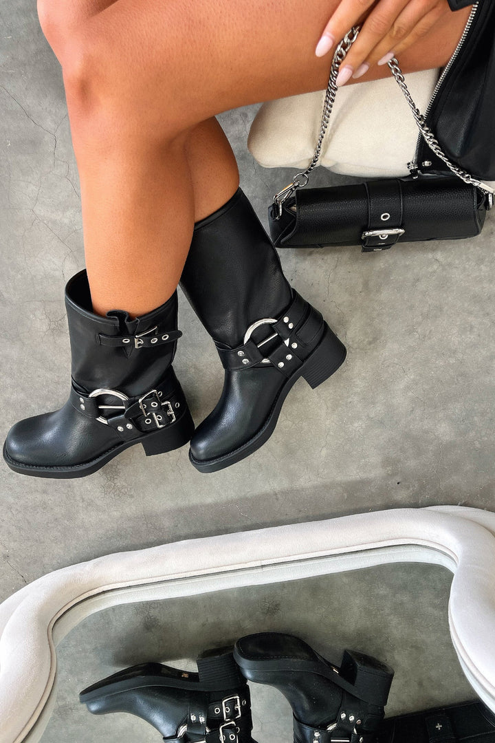 Marcia | Black Buckle Harness Boots with Block Heel