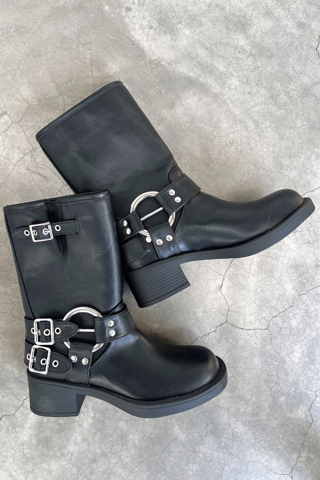 Marcia | Black Buckle Harness Boots with Block Heel
