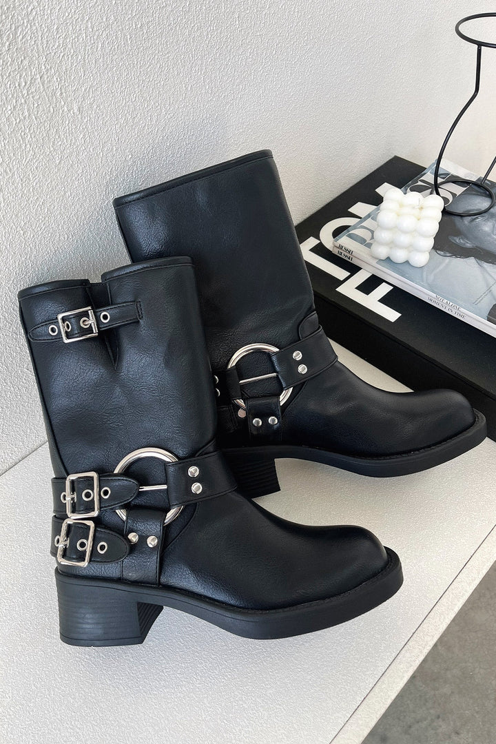 Marcia | Black Buckle Harness Boots with Block Heel
