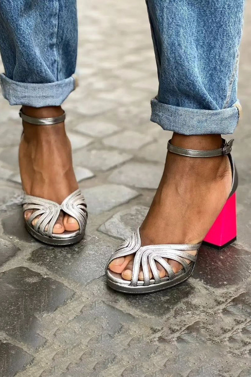 Judith | Silver Block Heel Ankle Strap Sandals