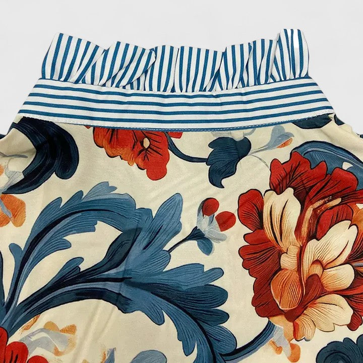 Rona | Blue Floral Print Blouse with Striped Collar
