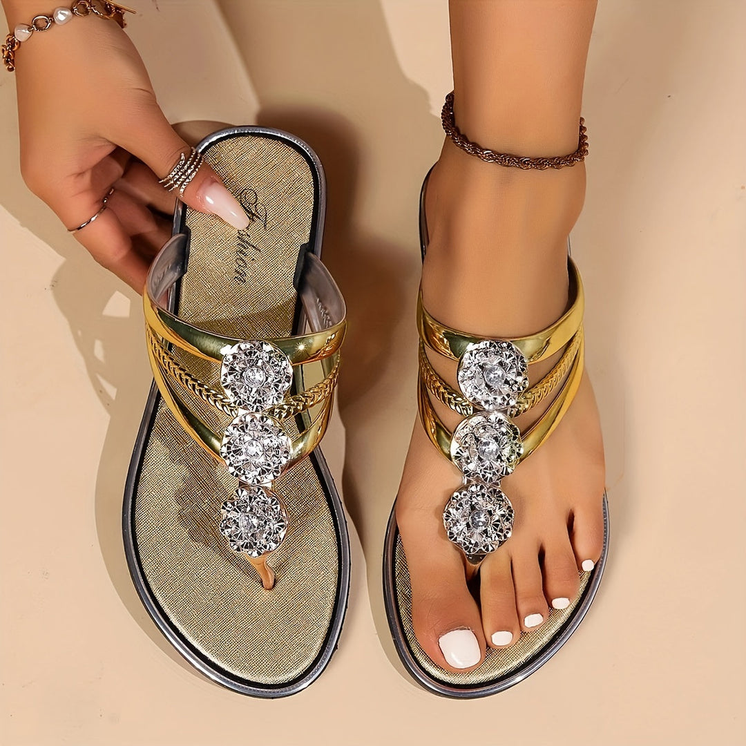 Raina | Rhinestone T-Strap Flat Sandals