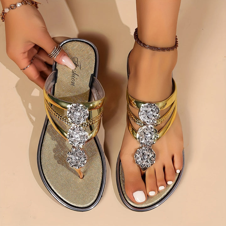 Raina | Rhinestone T-Strap Flat Sandals