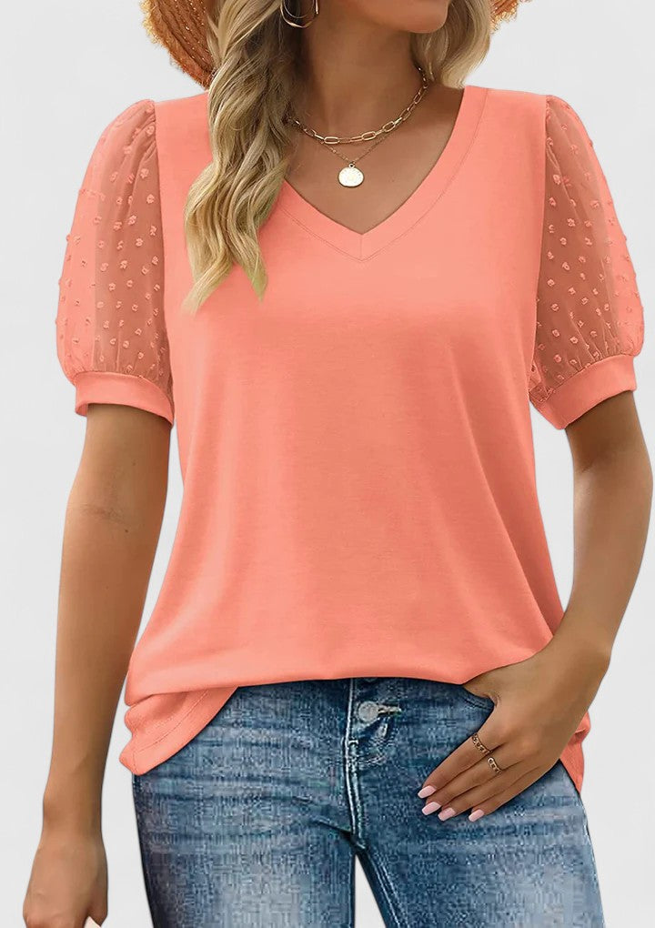 Anjela | V-Neck Sheer Sleeve Top