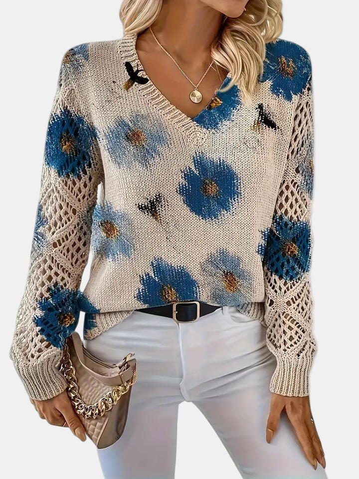 Latifa | Casual Floral V-Neck Crochet Sleeve Sweater