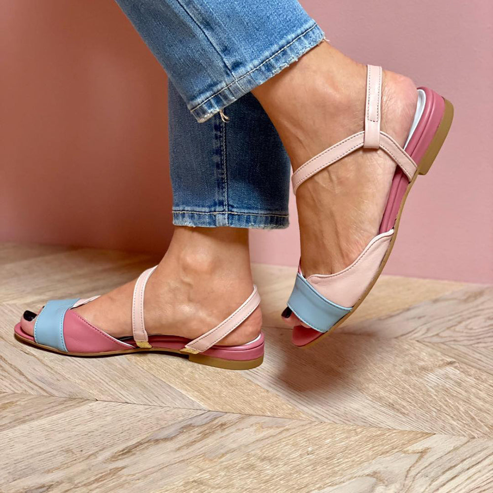 Phyllis | Pink Blue Ankle Strap Flat Sandals