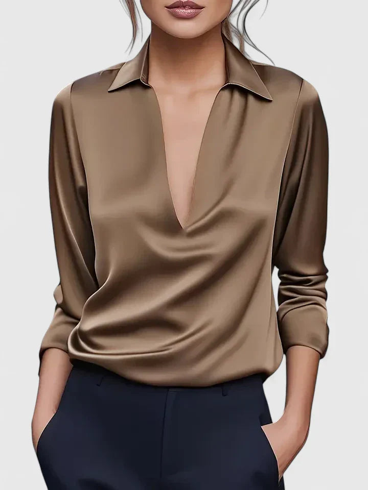 Dominique | V-Neck Collared Blouse with Long Sleeves