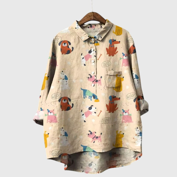 Ailsa | Dog Print Button-Up Blouse with Chest Pocket