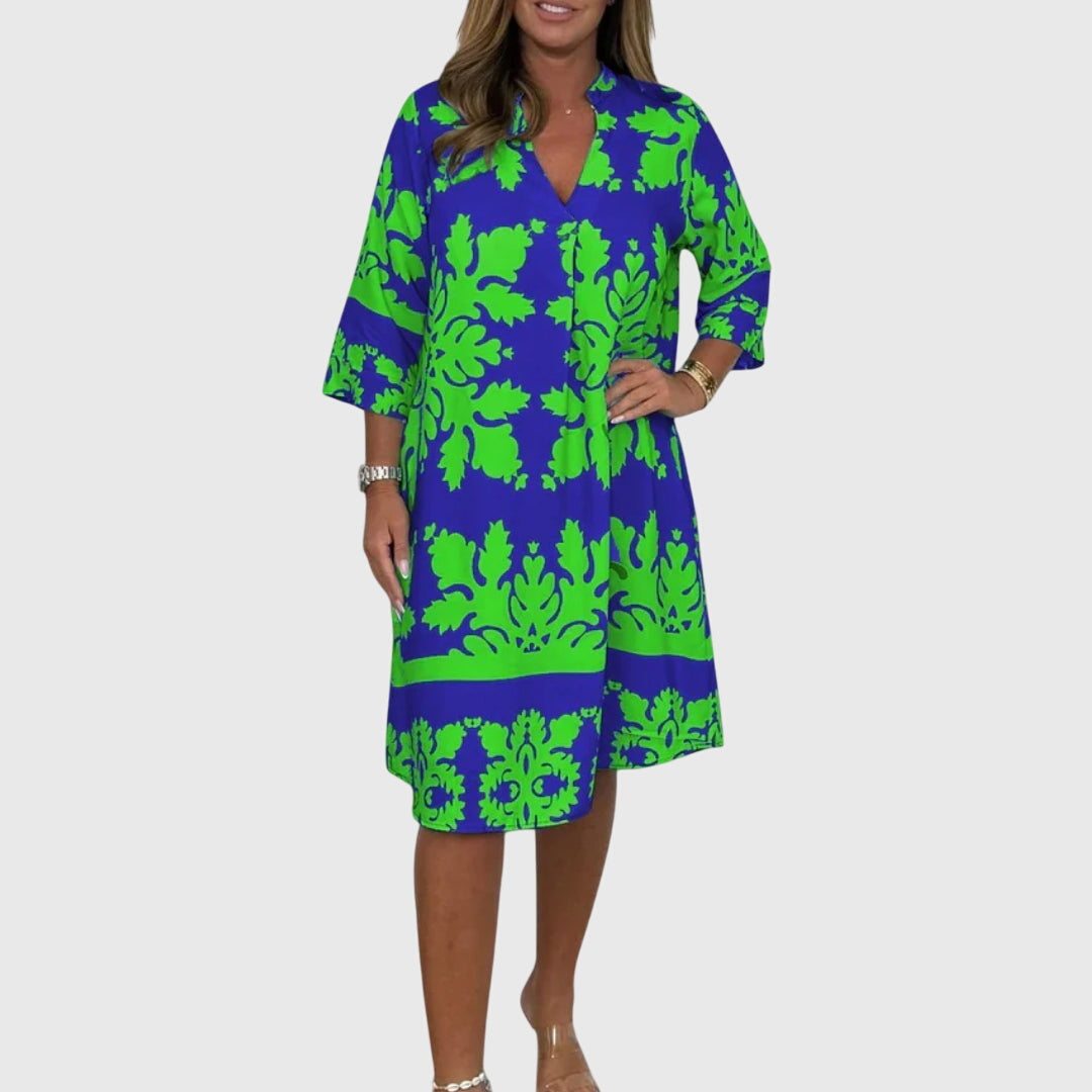 Calantha | Damask Print V-Neck Shift Dress