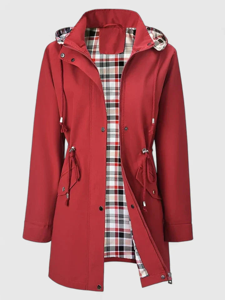 Cherise | Hooded Drawstring Rain Jacket with Plaid Lining