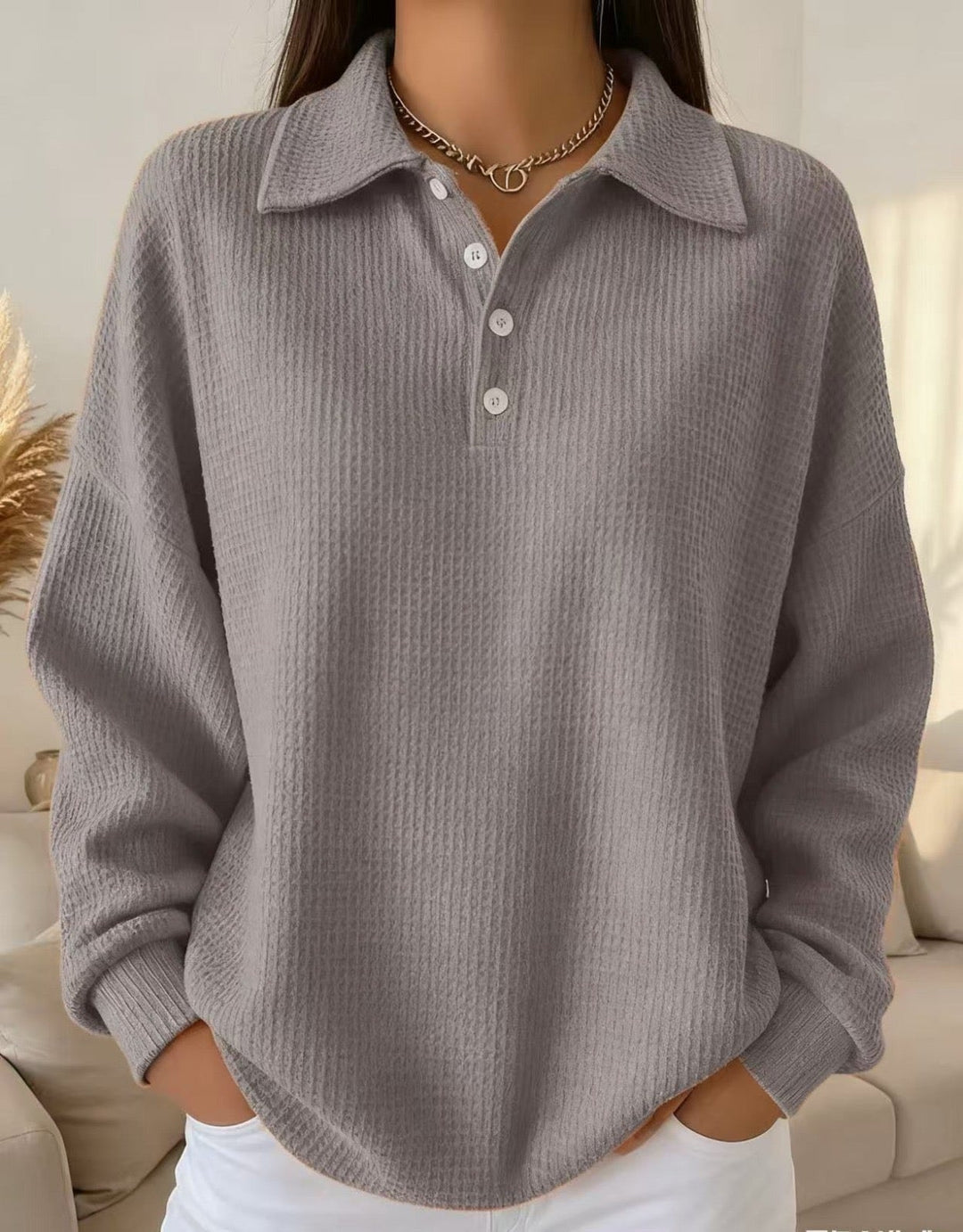 Amanda | Waffle Knit Polo Sweater with Buttons