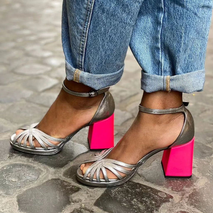 Judith | Silver Block Heel Ankle Strap Sandals