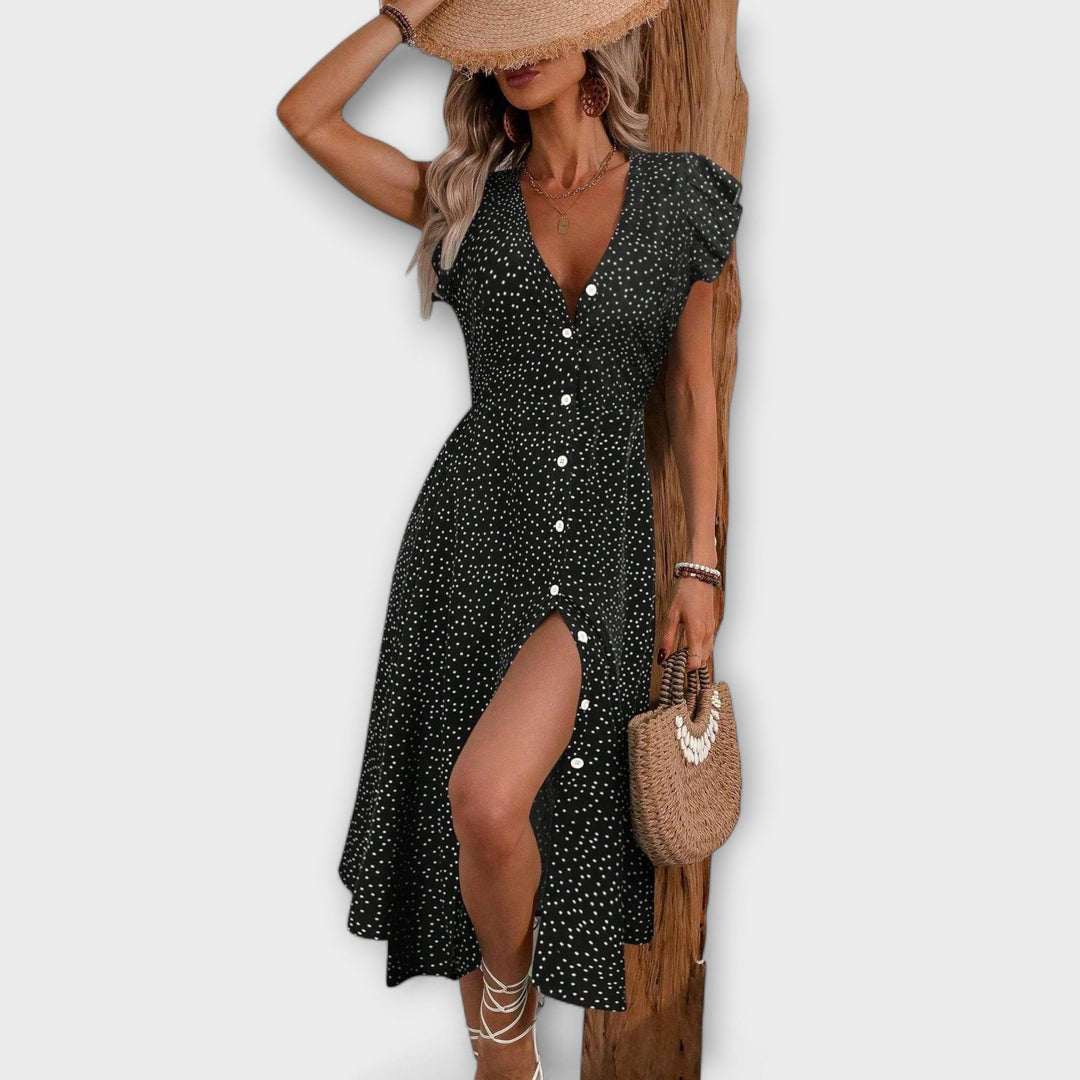 Mira | Polka Dot Midi Dress with Ruffle Sleeves