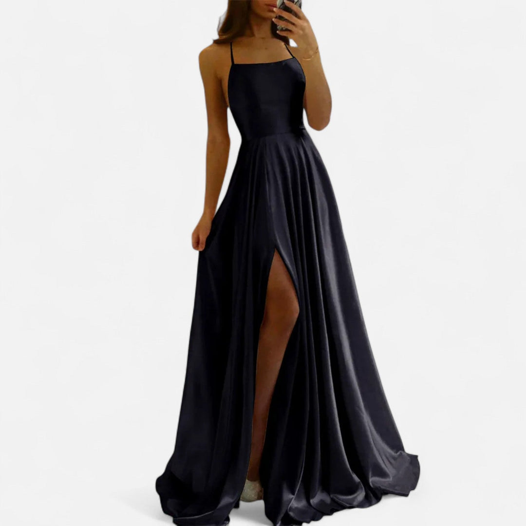 Elida | Satin Slit Maxi Dress with Spaghetti Straps