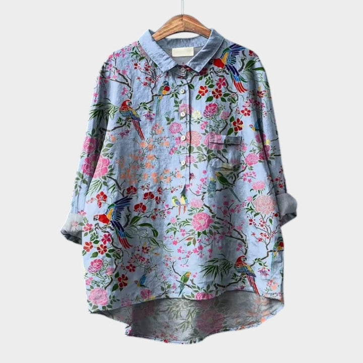 Ursa | Floral Bird Print Blouse with Collar