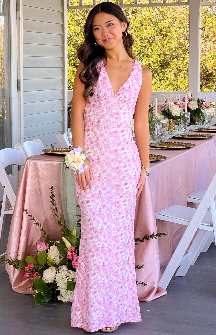 Bellisa | Pink Floral Lace Maxi Dress V-Neck