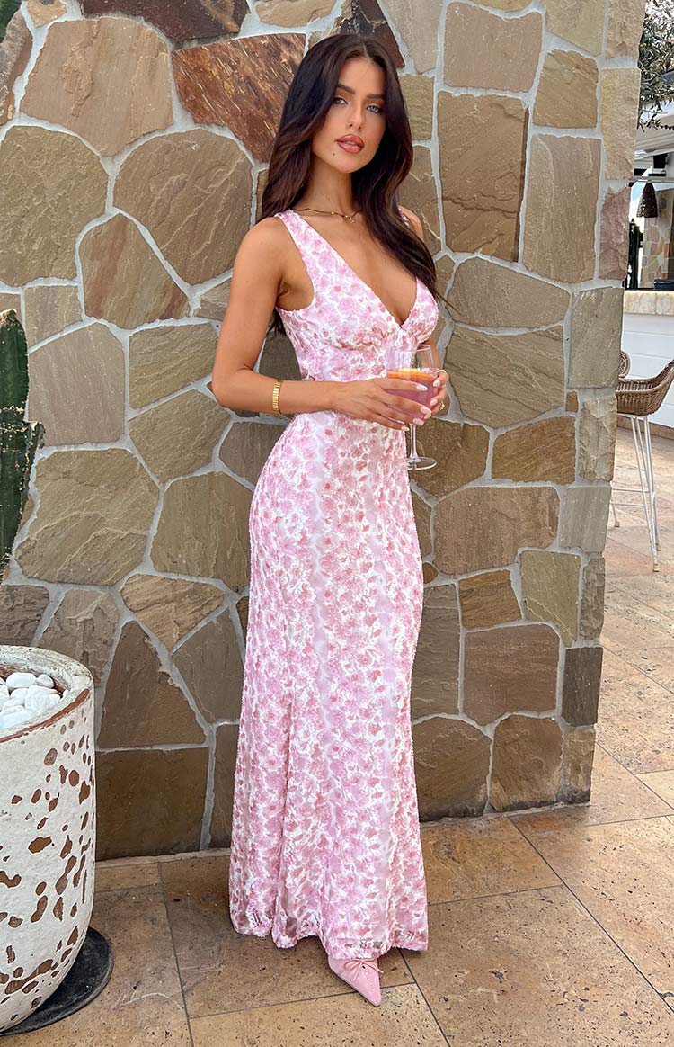 Bellisa | Pink Floral Lace Maxi Dress V-Neck