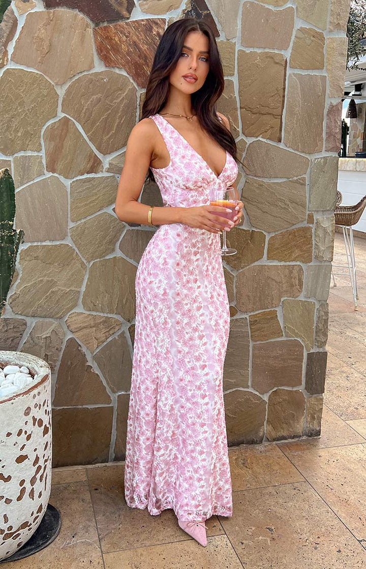 Bellisa | Pink Floral Lace Maxi Dress V-Neck