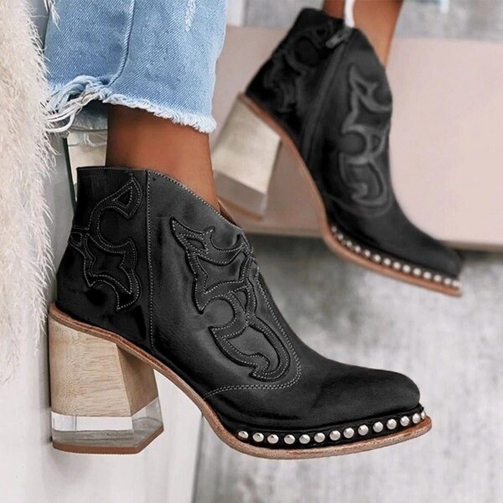 Thessaly | Embroidered Western Ankle Boots with Studs