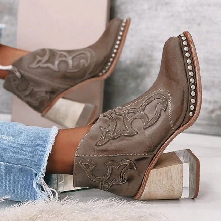 Thessaly | Embroidered Western Ankle Boots with Studs