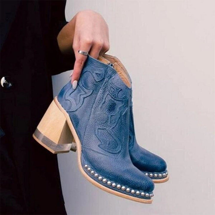 Thessaly | Embroidered Western Ankle Boots with Studs