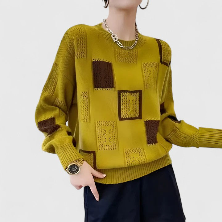 Blessing | Patchwork Openwork Knit Sweater Crew Neck
