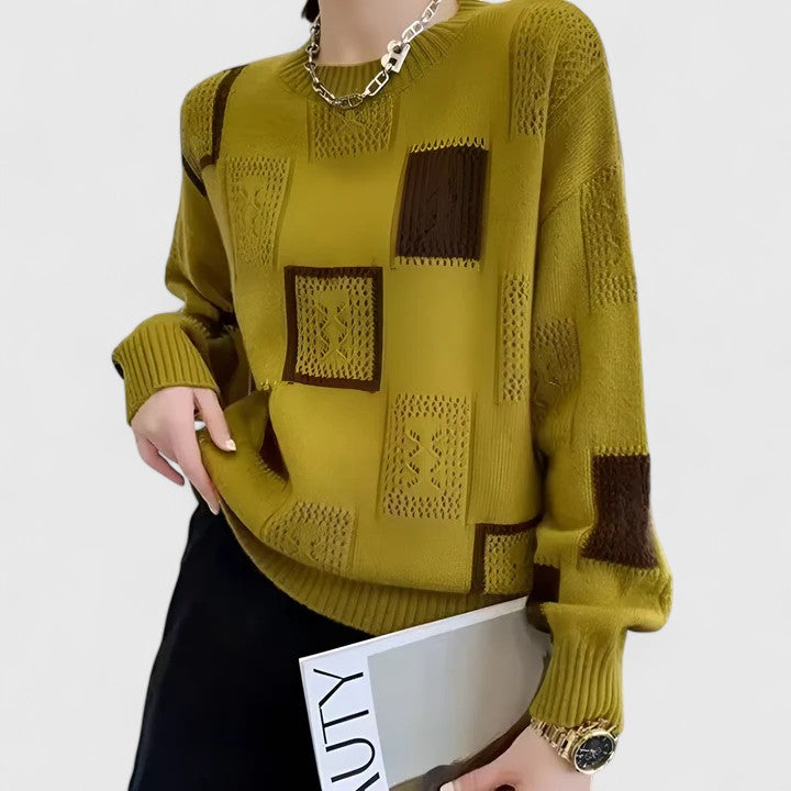 Blessing | Patchwork Openwork Knit Sweater Crew Neck