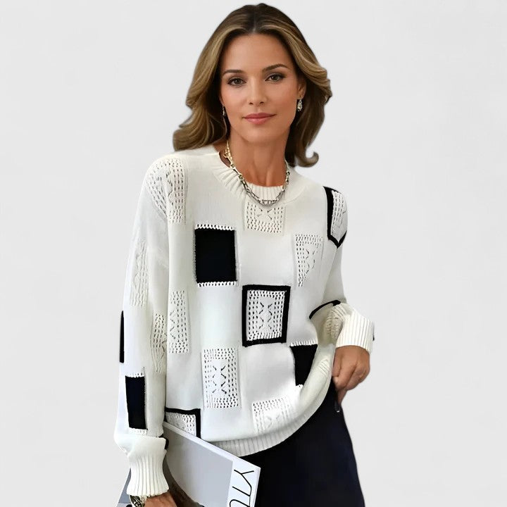 Blessing | Patchwork Openwork Knit Sweater Crew Neck
